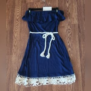 Red Camel Navy Blue Strapless Dress with Cream Rope Belt
